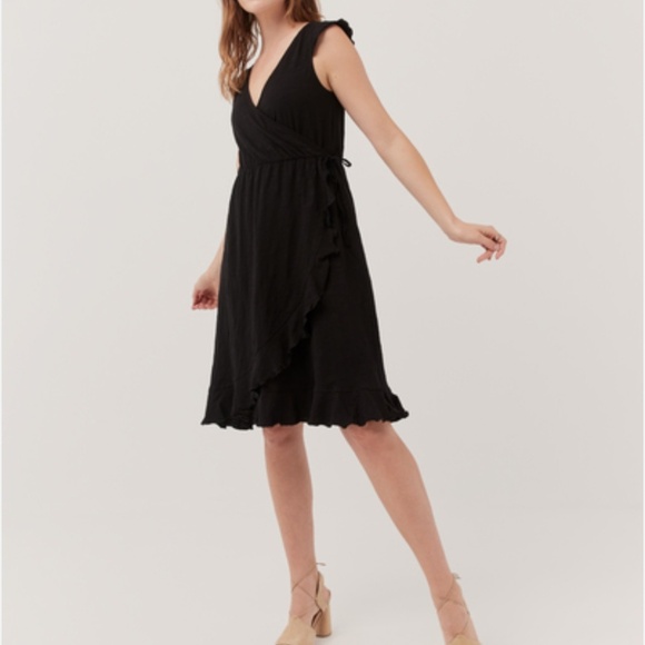 PACT Easy Wrap Dress S Organic Cotton Black Ruffle Beach Minimalist Lightweight - Picture 1 of 12